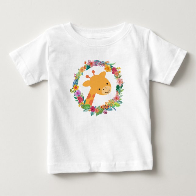 Camiseta Girafa Bonita com Solha Floral de Watercolor (Frente)