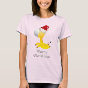 Camiseta Girafa bonito no chapéu do papai noel