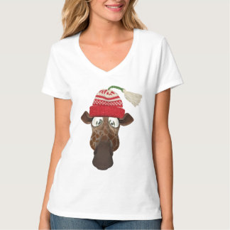Camiseta Girafa branca e branca do chapéu de inverno