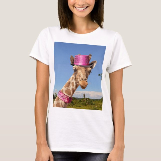 Camiseta Girafa com um chapéu rosa brilhante (Frente)