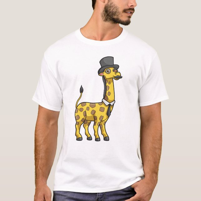 Camiseta Girafa como cavalheiro com chapéu, gravata e bigod (Frente)