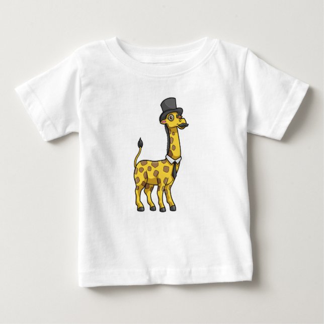 Camiseta Girafa como Cavalheiro com Chapéu, Gravata e Bigod (Frente)