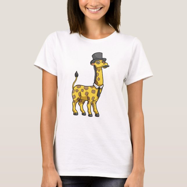 Camiseta Girafa como cavalheiro com chapéu, gravata e bigod (Frente)