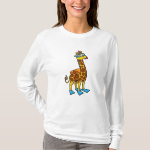 Camiseta Girafa como Mergulhador com Óculos e Nadadeiras de