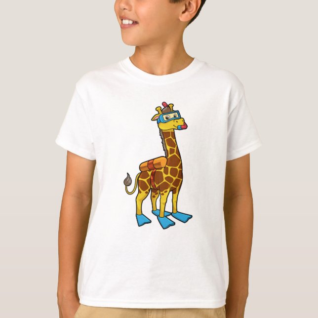 Camiseta Girafa como mergulhador com óculos e nadadores (Frente)