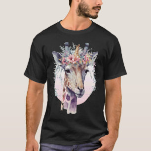 Camiseta Girafa de Aguarela Fofa com Coroa de Flores Animal