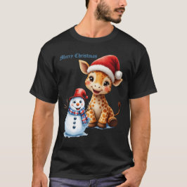 Camiseta Girafa de Cartoon Bonita com Santa Hat e Snowman