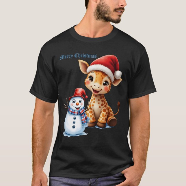 Camiseta Girafa de Cartoon Bonita com Santa Hat e Snowman (Frente)