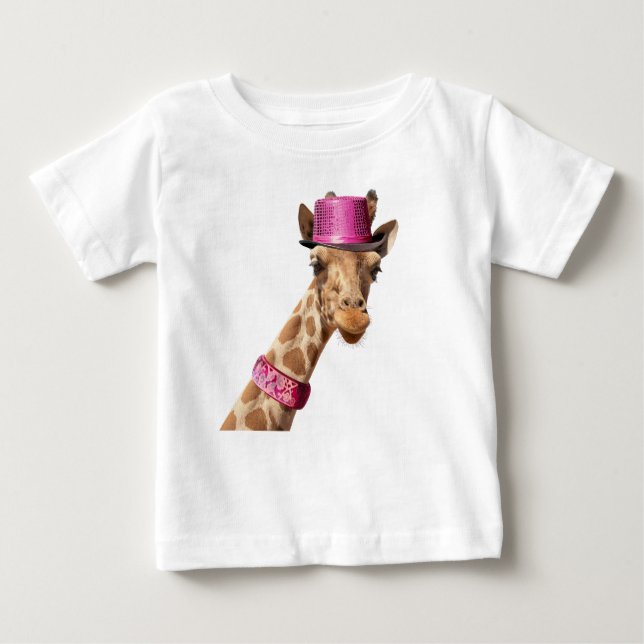 Camiseta Girafa de chapéu rosa brilhante (Frente)