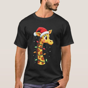 Camiseta Girafa de Natal Chapéu do Papai Noel Luzes Girafa