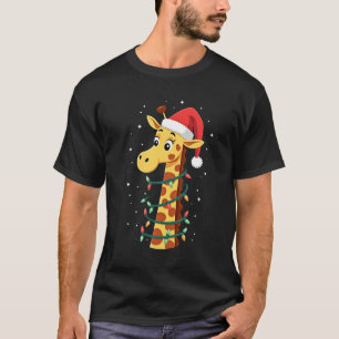 Camiseta Girafa de Natal Chapéu do Papai Noel Luzes Girafa 