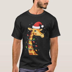 Camiseta Girafa de Natal Chapéu do Papai Noel Luzes Girafa 