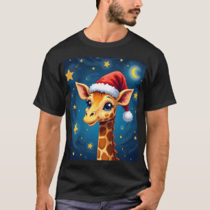 Camiseta Girafa de Natal Chapéu do Papai Noel Noite Estrela