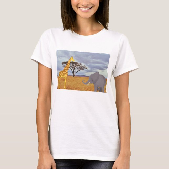 Camiseta girafa e elefante no safari (Frente)