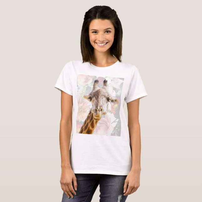 Camiseta Girafa e Flores Animal Engraçado Moderno (Frente Completa)