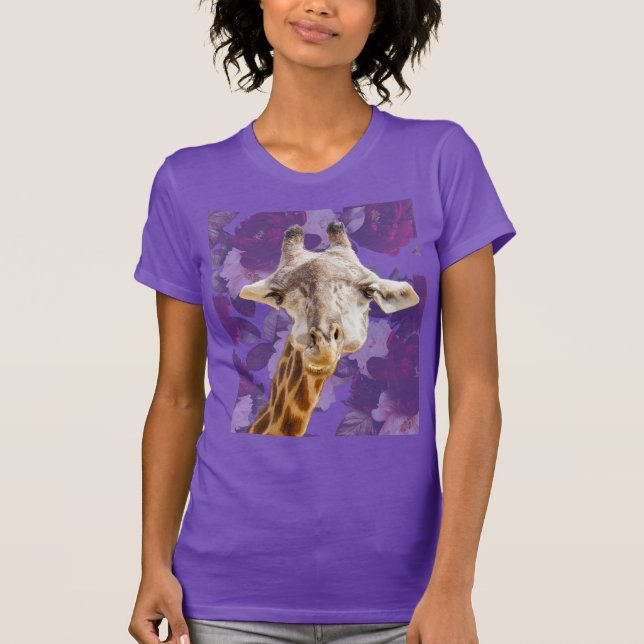 Camiseta Girafa e Flores Roxo Moderno Animal Divertido (Frente)