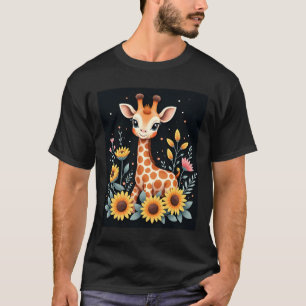 Camiseta Girafa Encantadora Rodeada de Flores Manga Longa