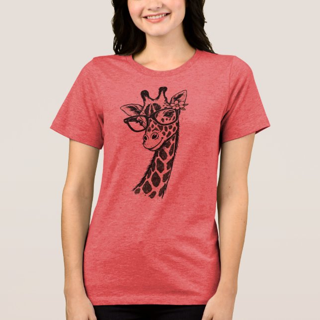 Camiseta Girafa Engraçada e Fofa com Óculos Gráficos para M (Frente)
