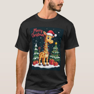 Camiseta Girafa Feliz Árvore de Natal Iluminação Papai Noel