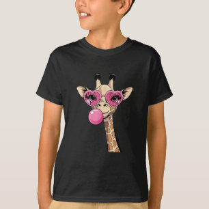 Camiseta Girafa Fofa Soprando Chiclete Rosa Óculos de Sol