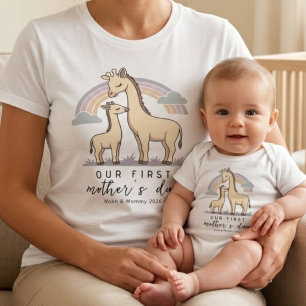 Camiseta Girafa Mãe Bebê Primeiro Dia das Mães Pastel Arco-