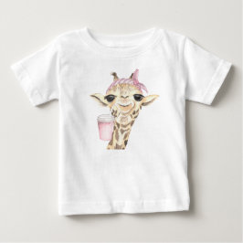 CAMISETA GIRAFA MARROM ADORÁVEL CHAPÉU ROSA E XÍCARA