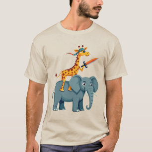 Camiseta Girafa montando um tubarão com uma espada único tr