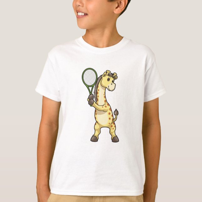 Camiseta Girafa no tênis com raquete de tênis (Frente)