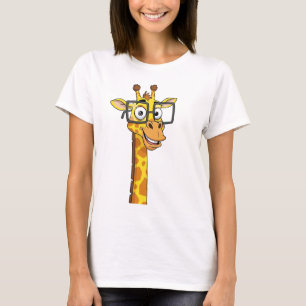 Camiseta Girafa Sorridente e Bonita com Óculos Quadrados T-