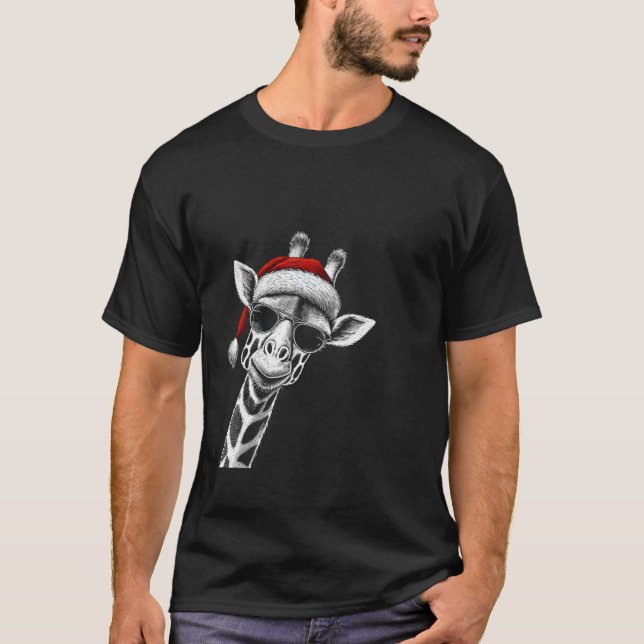 Camiseta Giraffe Natal Santa Hat Pajama Engraçado Giraffe X (Frente)