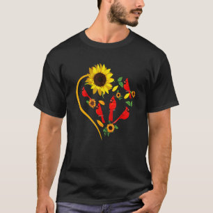 Camiseta Girassóis Aves Cardinais Bonitas Forma Coração Eng