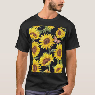 Camiseta Girassóis, borboletas, mosaico preto