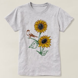 Camiseta Girassóis com pássaro pequeno em um galho