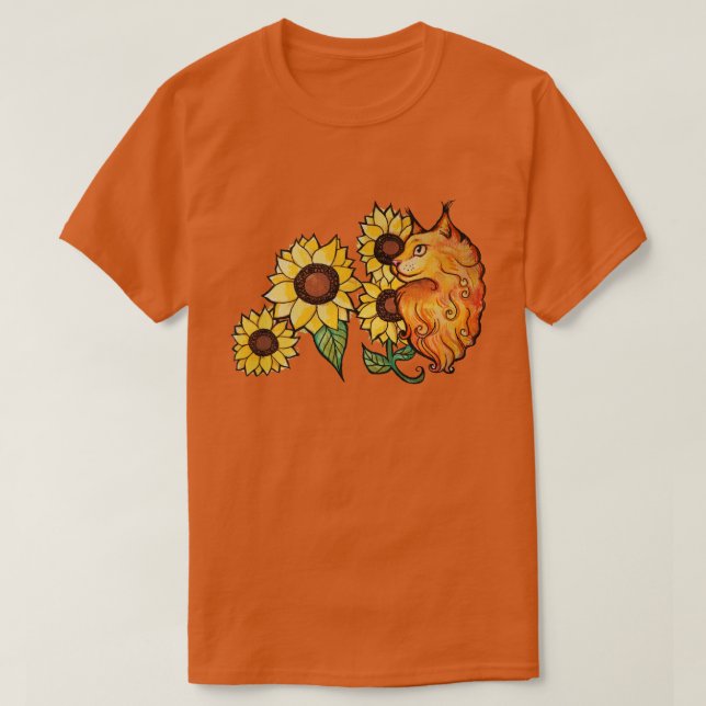 Camiseta Girassóis Ginger Maine Coon Cat (Frente do Design)