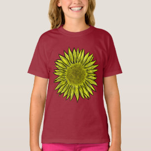 Camiseta Girassol Amarelo Rústico Floral Desenhado à Mão