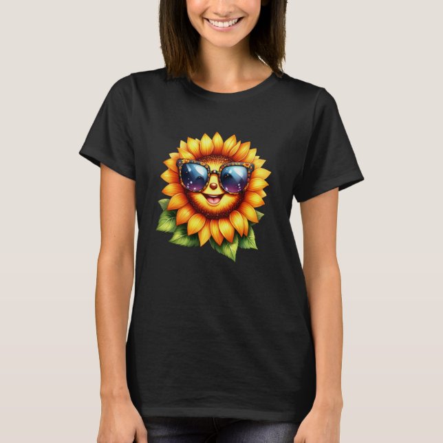 Camiseta Girassol Colorido Adorável com Óculos de Sol (Frente)
