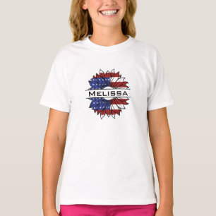 Camiseta Girassol de bandeira dos EUA com nome de garota