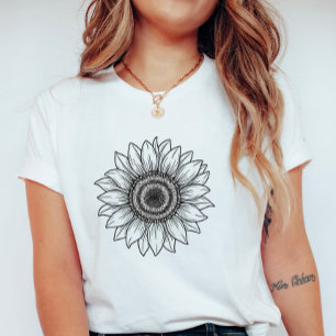 Camiseta Girassol Desenhado à Mão; Floral Elegante de Verão