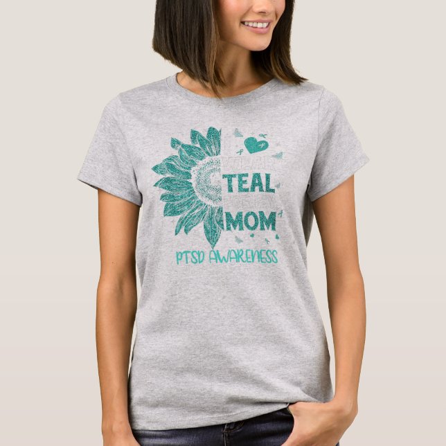 Camiseta Girassol Eu Visto Fita Teal Para Minha Mãe PTSD (Frente)