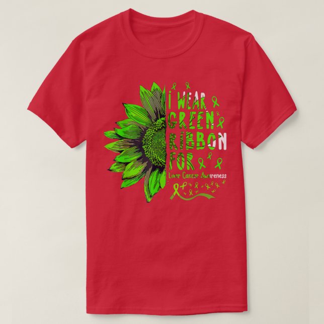 Camiseta Girassol Eu Visto Fita Verde para Câncer de figado (Frente do Design)
