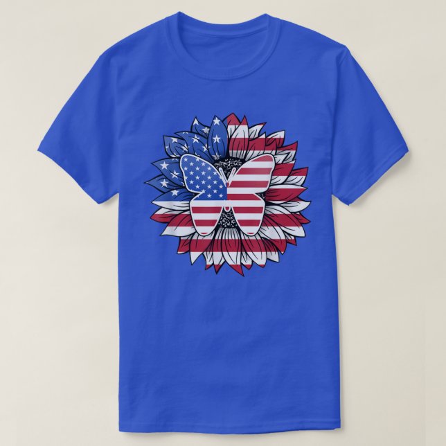 Camiseta Girassol Patriótico Com Borboleta EUA Bandeira 4º  (Frente do Design)
