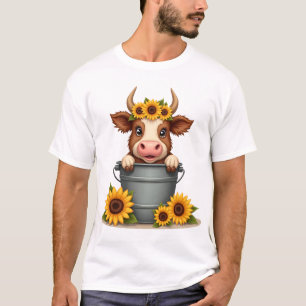Camiseta Girassol Vintage Vaca das Terras Altas em Balde Fl