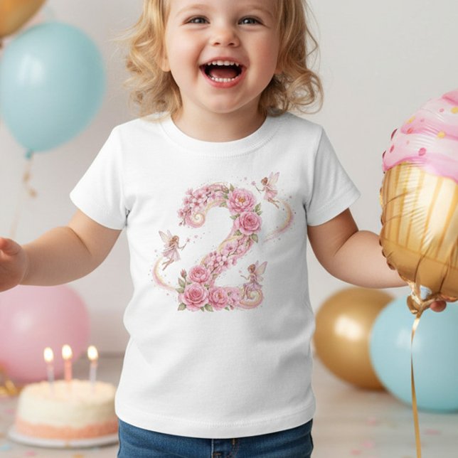 Camiseta Girl 2nd Birthday Pink Fairy Number Two (Number 2 shirt - 2nd birthday outfit for milestone photoshoot, birthday party etc)