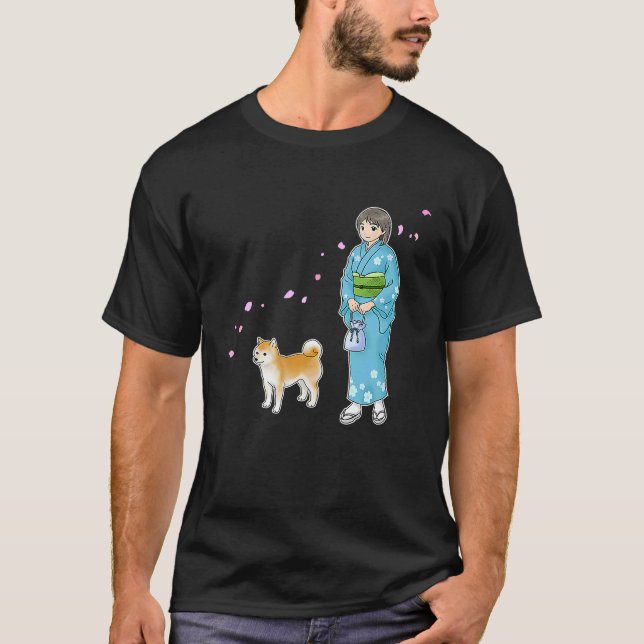 Camiseta Girl In Kimono & A Shiba Inu Enjoying A Breath Of  (Frente)