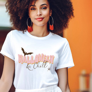 Camiseta Girlie Halloween Retro Rosa Laranja Tipografia Ros