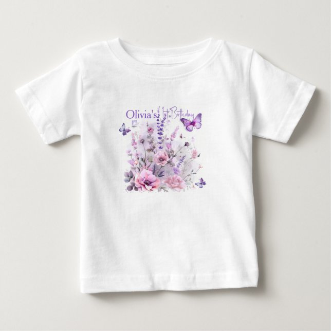 Camiseta Girl's 1st Birthday Lilac Butterflies Watercolor  (Frente)