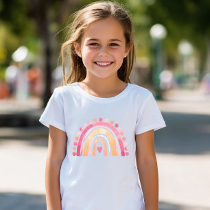 Camiseta Girls Boho Watercolor Rainbow Heart em rosa