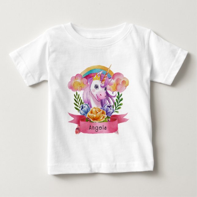 Camiseta Girls Cute Purple Unicorn Rainbow Nome Personaliza (Frente)