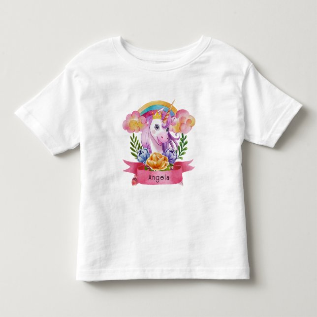 Camiseta Girls Cute Purple Unicorn Rainbow Nome Personaliza (Frente)