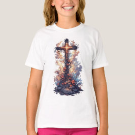 Camiseta Girl's Pretty Floral Christian Cross Tee Shirt